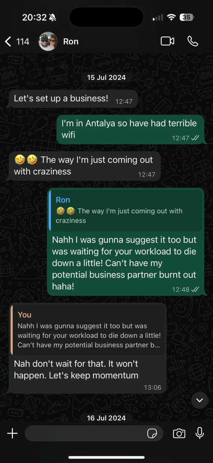 WhatsApp conversation from July 2024 where Ron and Amber first discussed setting up PTSD